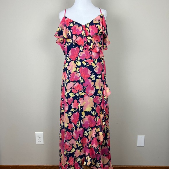 London Times Maxi Dress 10 Pink Colorful Floral Ruffle Hi-Low Cold Shoulder - Picture 1 of 16